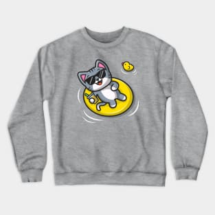 Cute Cat Floating With Swimming Tires Crewneck Sweatshirt